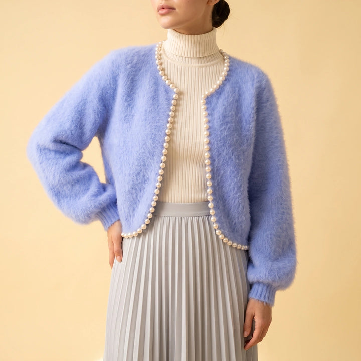 Ariadne Cashmere Pearl Edge Cropped Cardigan - Blue