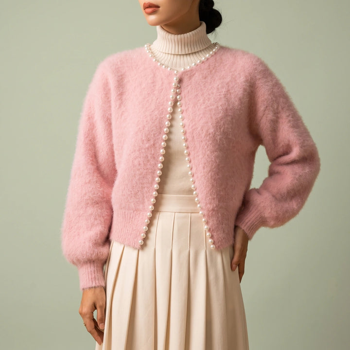Ariadne Cashmere Pearl Edge Cropped Cardigan - Pink