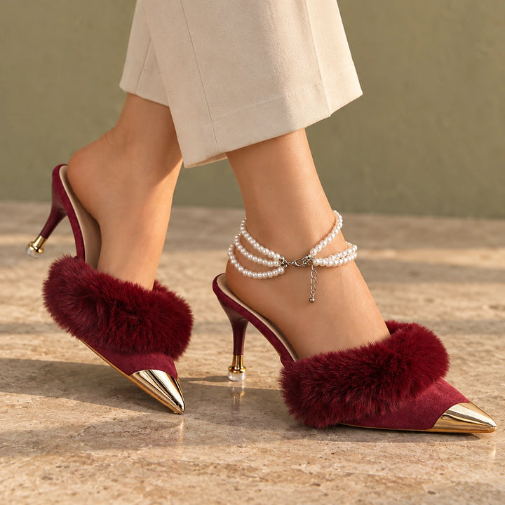 Arielle Faux Fur Pearl Strap Mules - Burgundy