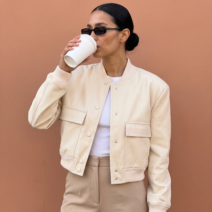 Astrid Cropped Snap Front Bomber Jacket - Apricot