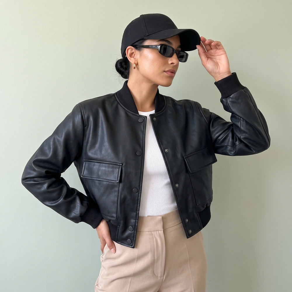 Astrid Cropped Snap Front Bomber Jacket - Black