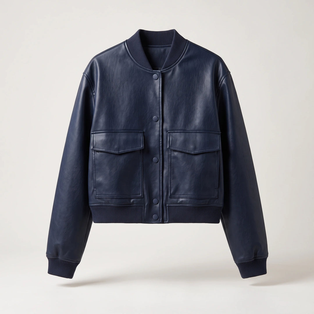 Astrid Cropped Snap Front Bomber Jacket - Navy Blue
