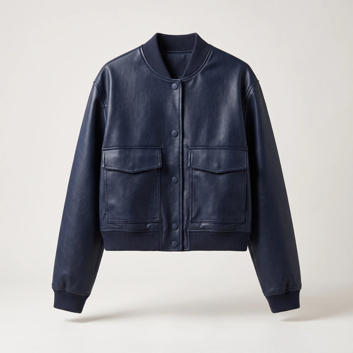 Astrid Cropped Snap Front Bomber Jacket - Navy Blue