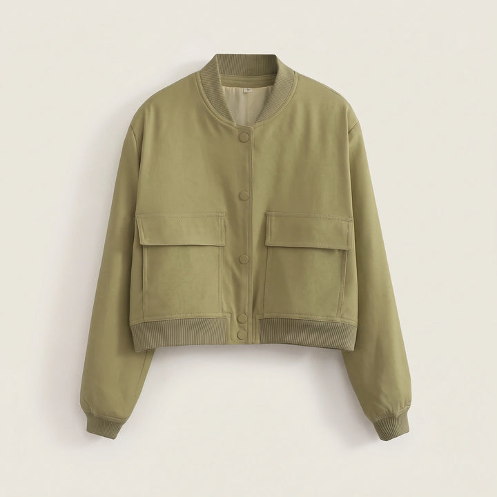 Astrid Cropped Snap Front Bomber Jacket - Green