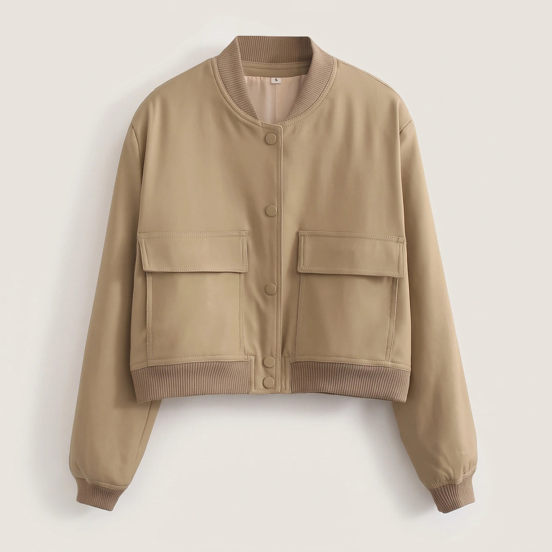 Astrid Cropped Snap Front Bomber Jacket - Khaki