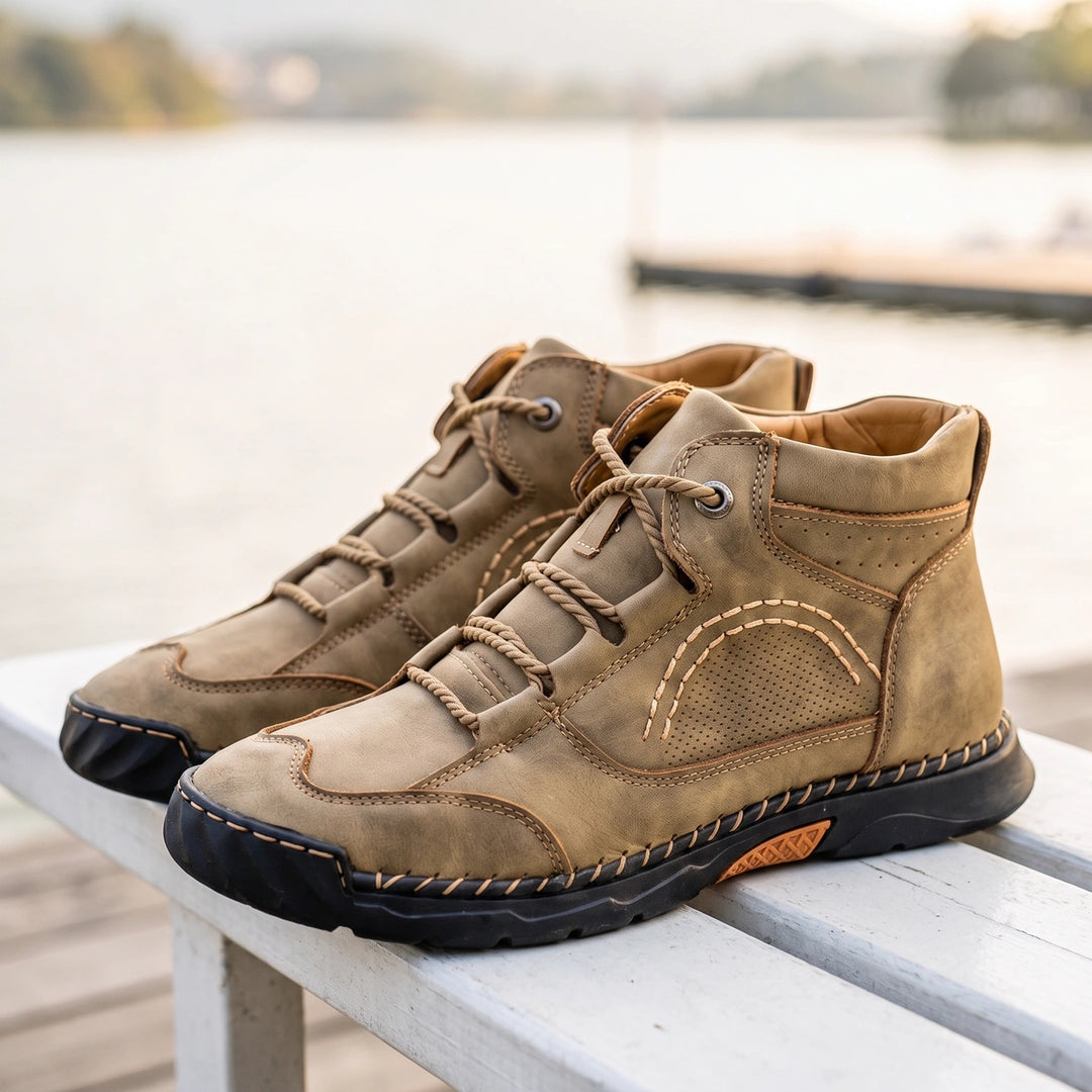 Balthazar Whipstitched Leather High Top Chukkas - Khaki