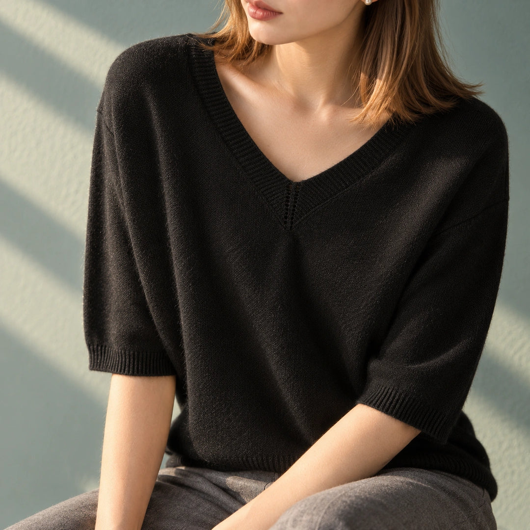 Barbara Cashmere Relaxed V-Neck Sweater - Black