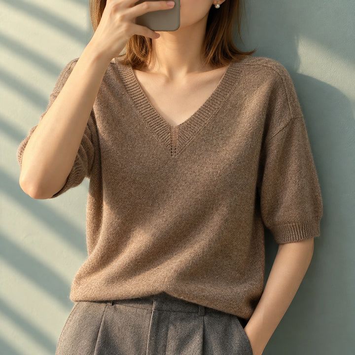 Barbara Cashmere Relaxed V-Neck Sweater - Brown