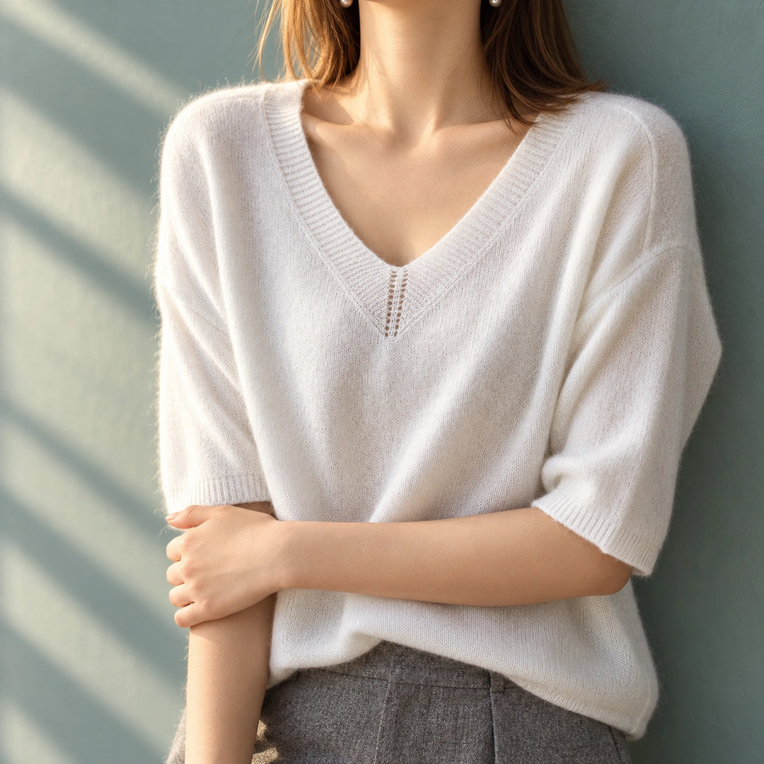 Barbara Cashmere Relaxed V-Neck Sweater - White