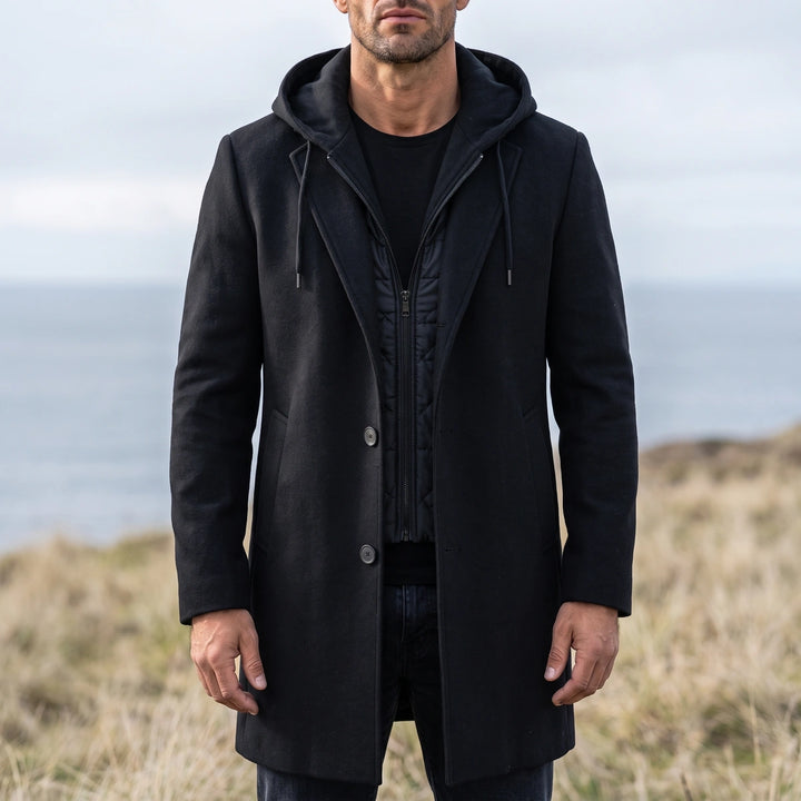 Barclay Hooded Wool Overcoat - Black