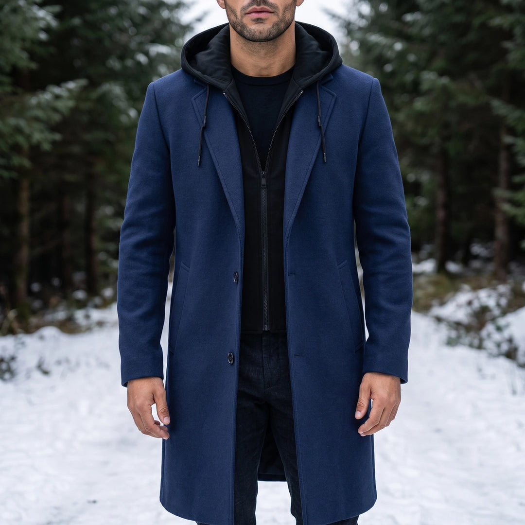 Barclay Hooded Wool Overcoat - Navy