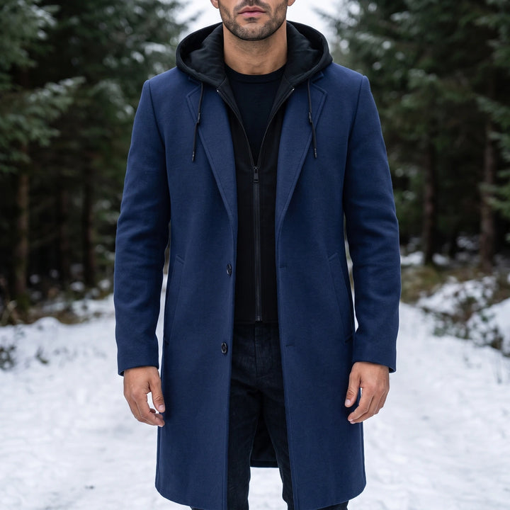 Barclay Hooded Wool Overcoat - Navy