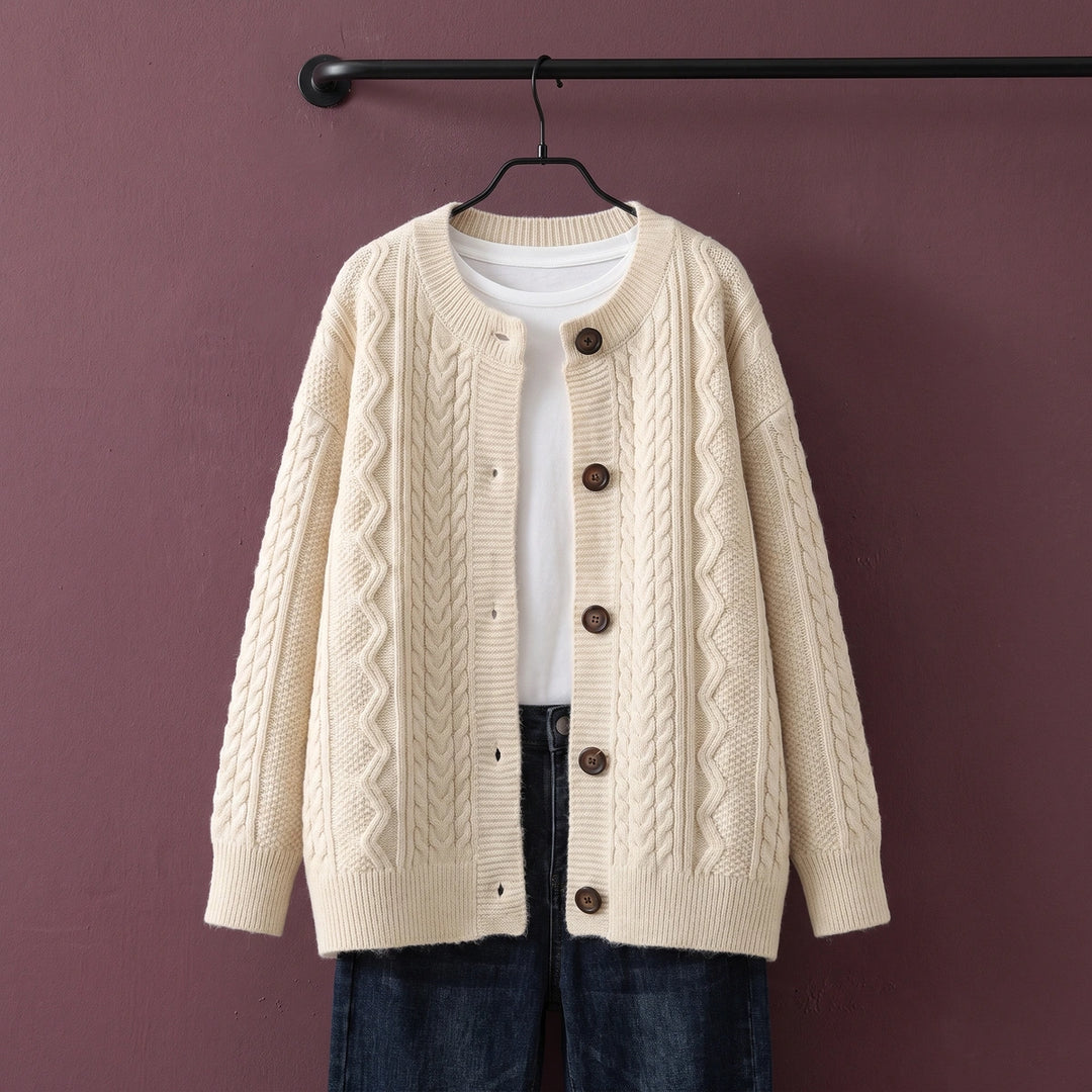 Belle Cable Knit Crew Neck Cardigan - Beige