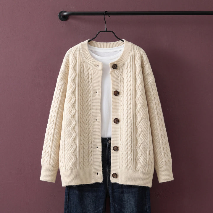 Belle Cable Knit Crew Neck Cardigan - Beige
