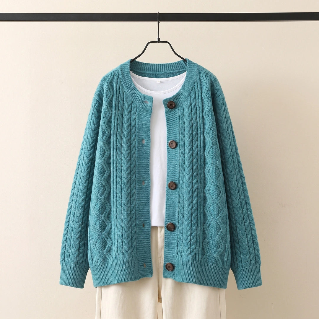 Belle Cable Knit Crew Neck Cardigan - Blue