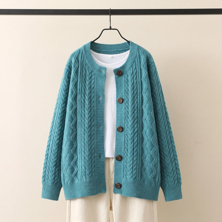 Belle Cable Knit Crew Neck Cardigan - Blue
