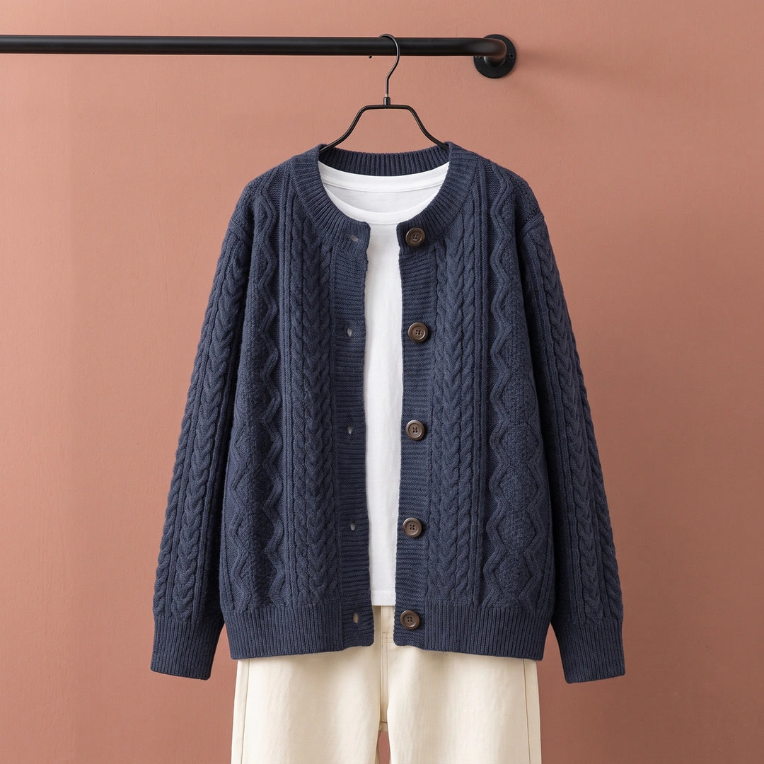 Belle Cable Knit Crew Neck Cardigan - Navy Blue