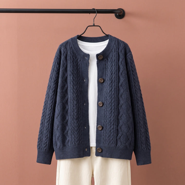 Belle Cable Knit Crew Neck Cardigan - Navy Blue