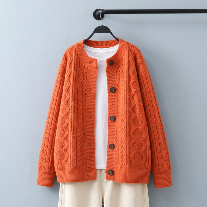 Belle Cable Knit Crew Neck Cardigan - Orange