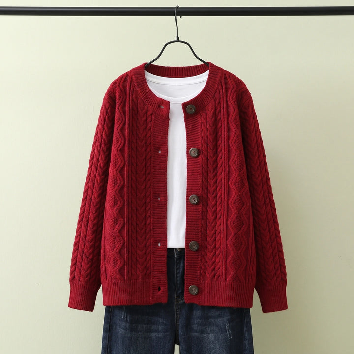 Belle Cable Knit Crew Neck Cardigan - Red