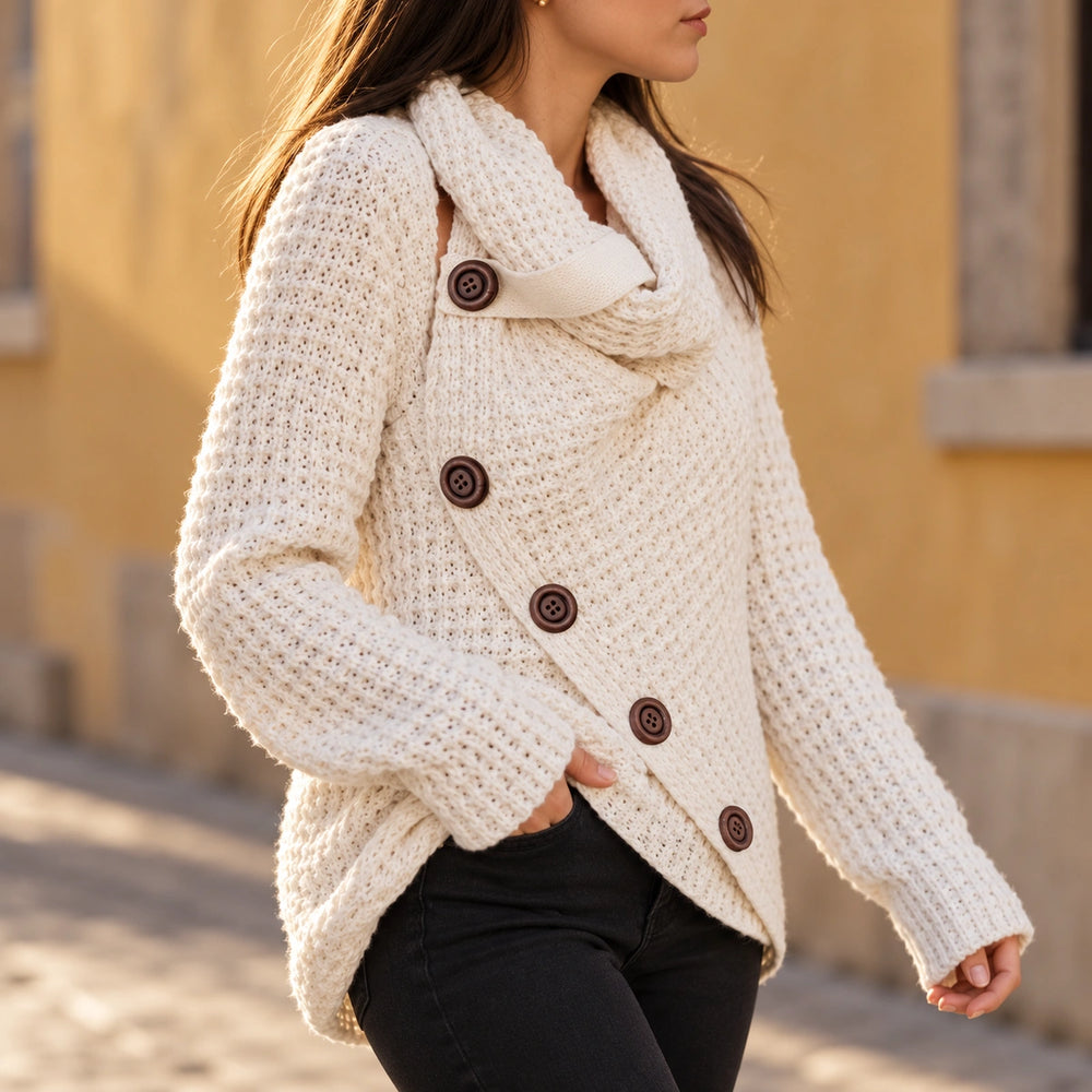 Benedetta Waffle Knit Asymmetric Button Sweater - Beige