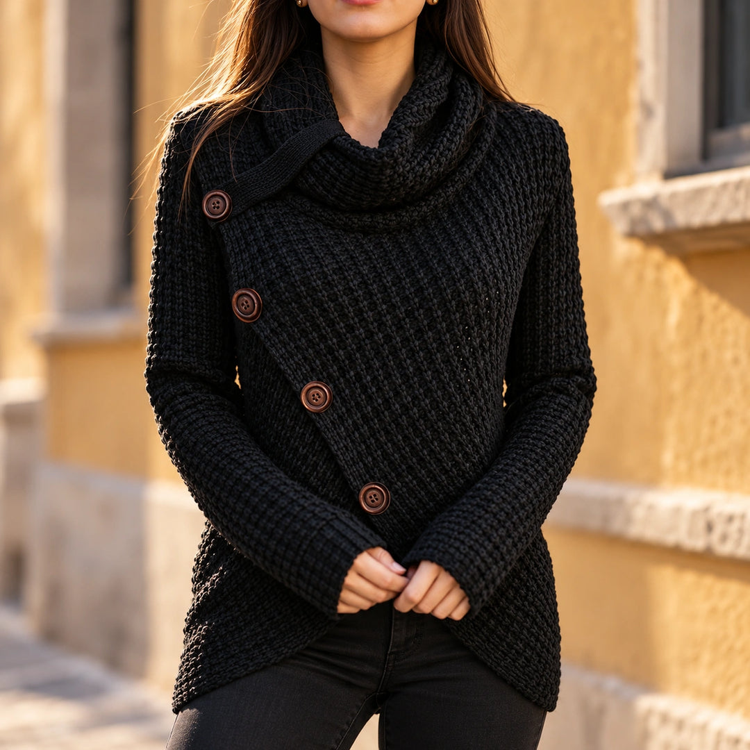 Benedetta Waffle Knit Asymmetric Button Sweater - Black