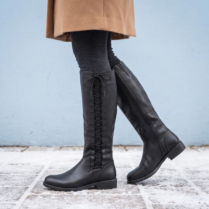Benedicta Orthopedic Lace Up Side Zip Knee Boots - Black