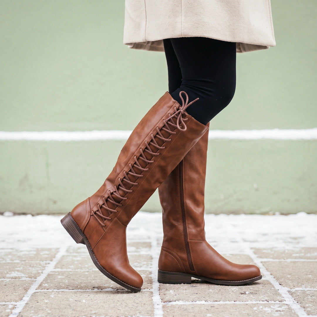 Benedicta Orthopedic Lace Up Side Zip Knee Boots - Brown