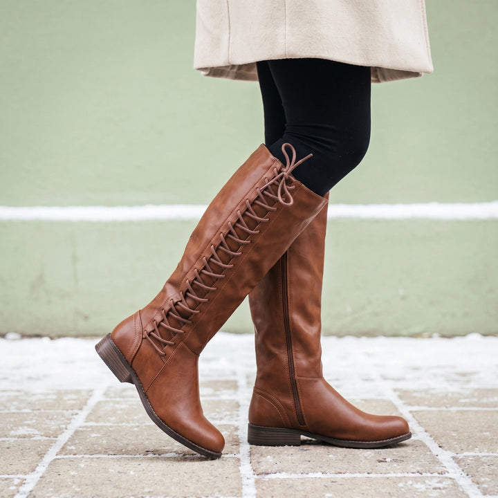 Benedicta Orthopedic Lace Up Side Zip Knee Boots - Brown