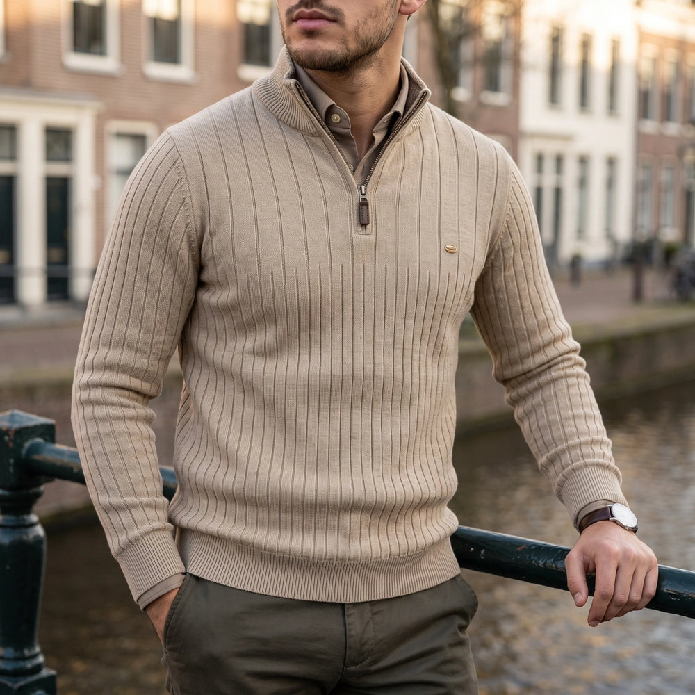 Benedikt Rib Knit Zip Neck Stand Collar Sweater - Beige