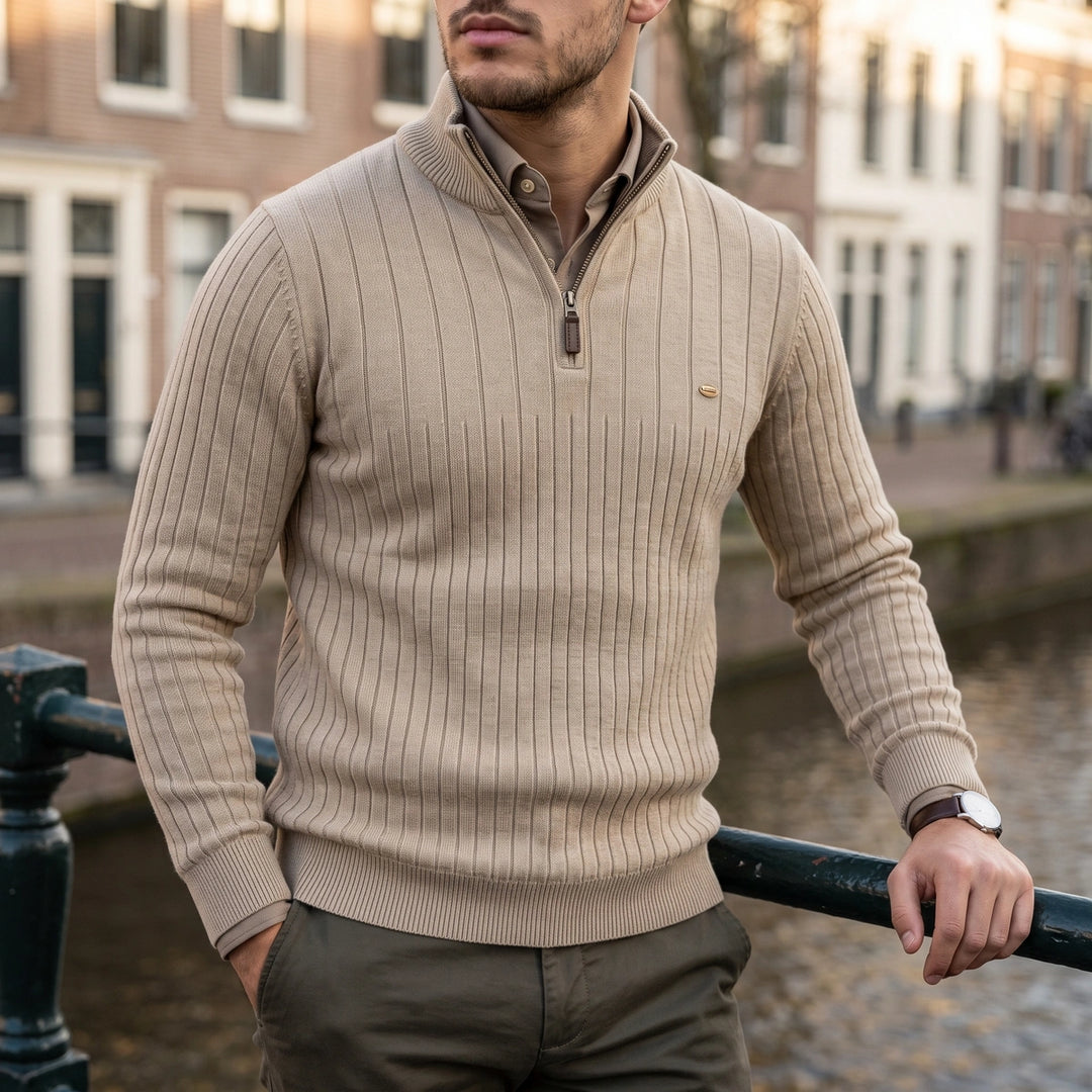 Benedikt Rib Knit Zip Neck Stand Collar Sweater - Beige