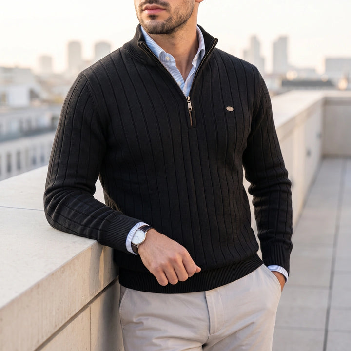 Benedikt Rib Knit Zip Neck Stand Collar Sweater - Black