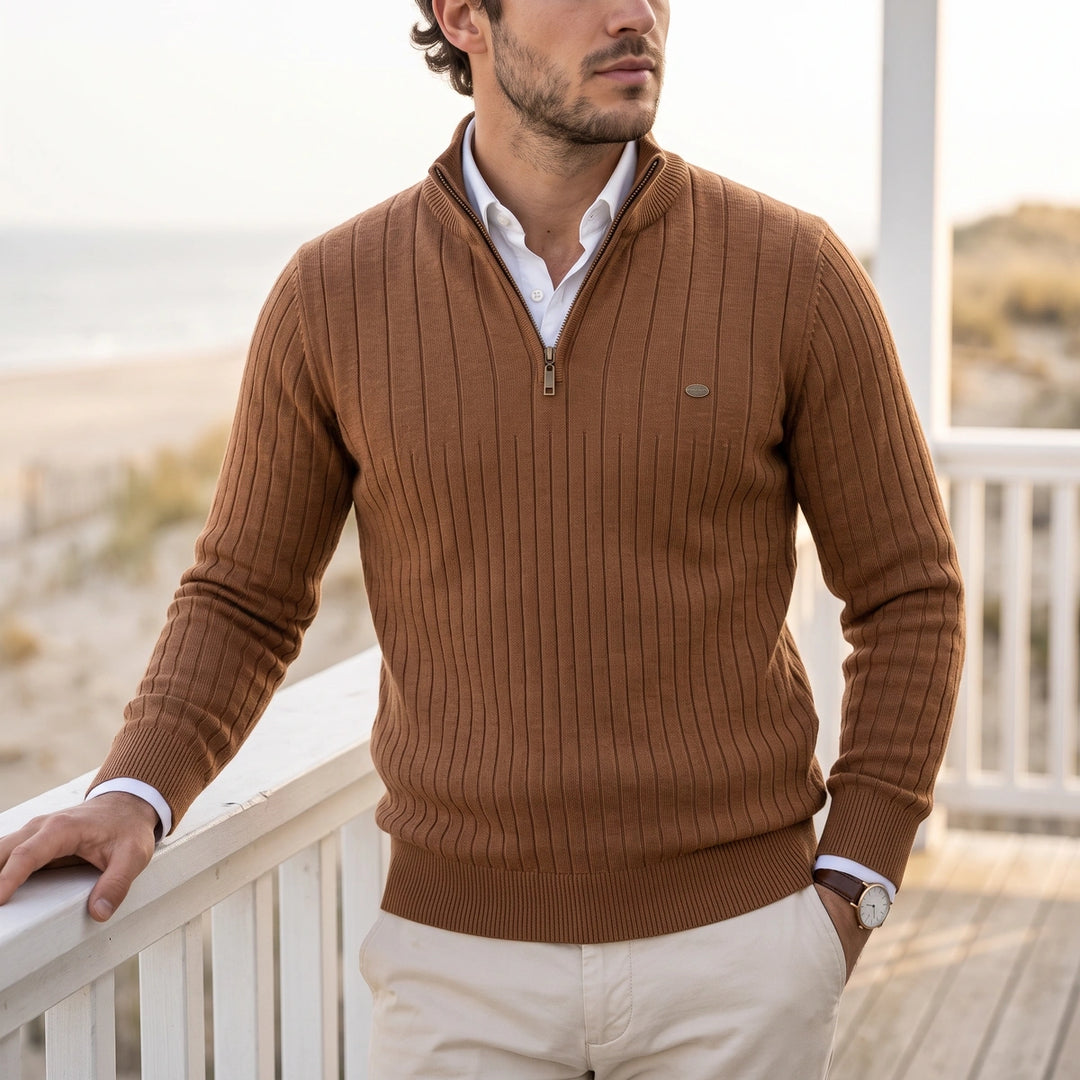 Benedikt Rib Knit Zip Neck Stand Collar Sweater - Brown