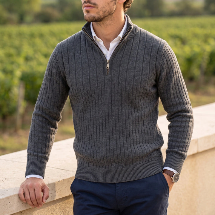 Benedikt Rib Knit Zip Neck Stand Collar Sweater - Gray