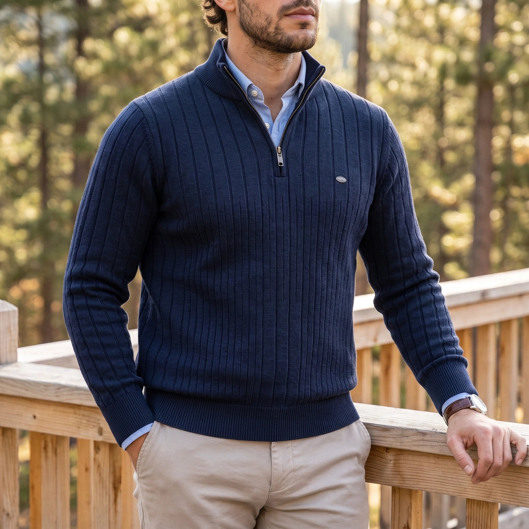 Benedikt Rib Knit Zip Neck Stand Collar Sweater - Navy Blue