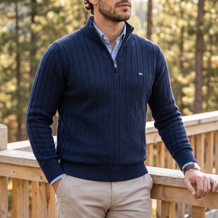 Benedikt Rib Knit Zip Neck Stand Collar Sweater - Navy Blue