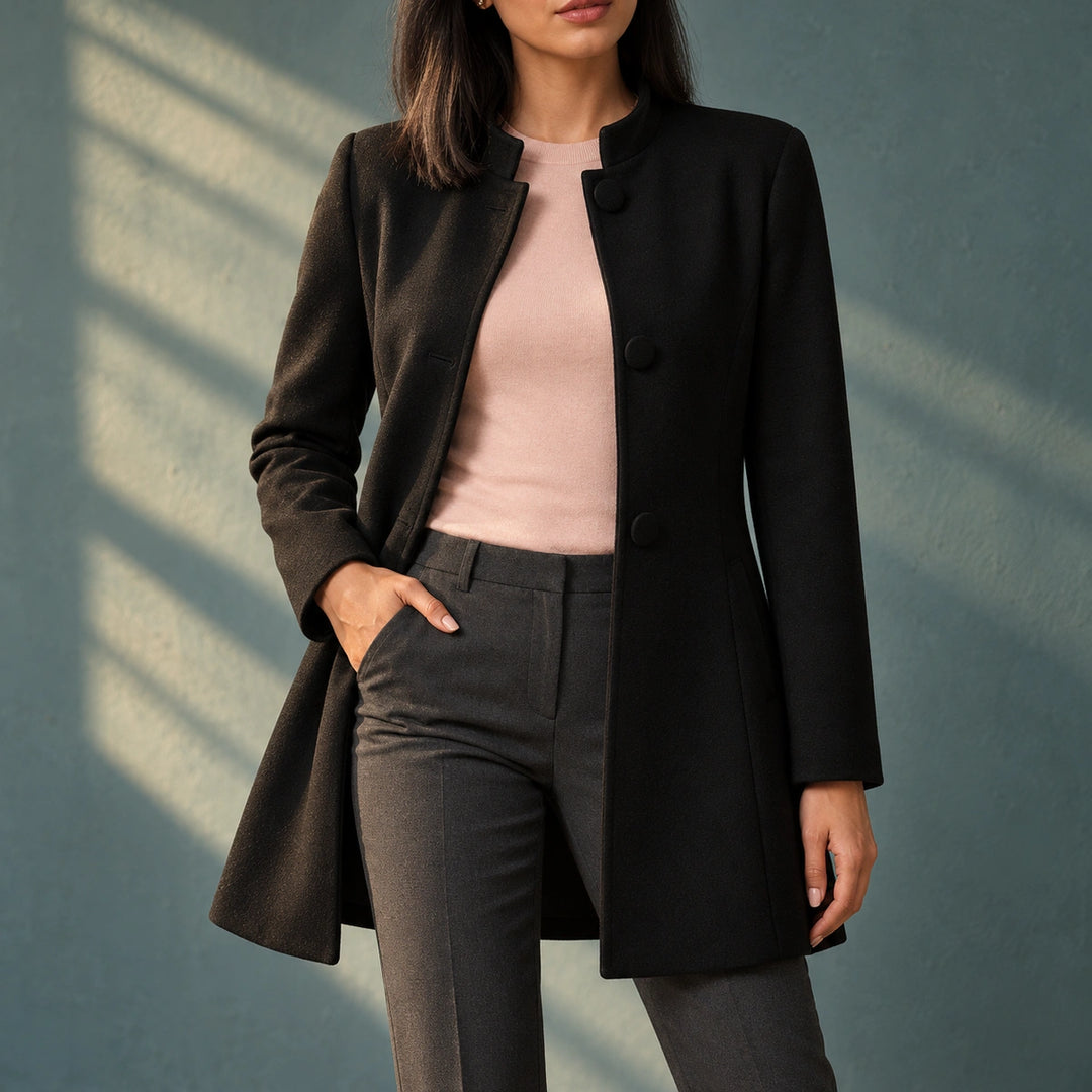 Berenice Stand Collar Button Front A-Line Coat - Black