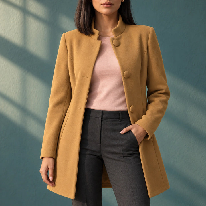 Berenice Stand Collar Button Front A-Line Coat - Camel