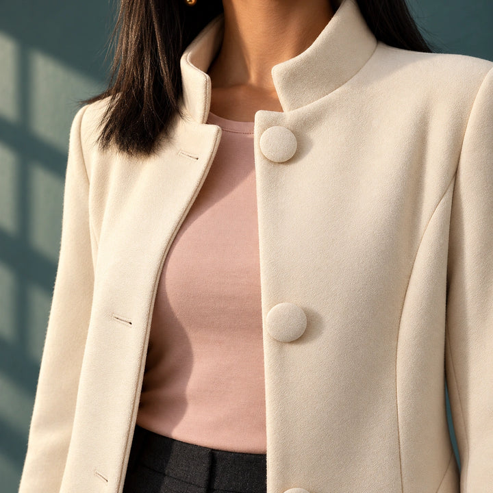 Berenice Stand Collar Button Front A-Line Coat - Cream