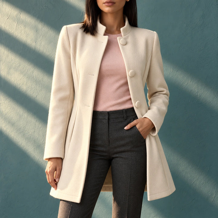 Berenice Stand Collar Button Front A-Line Coat - Cream