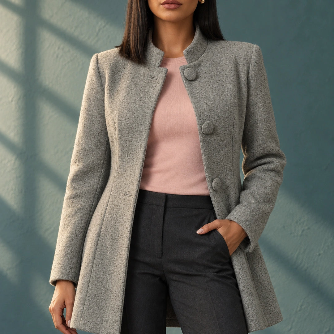 Berenice Stand Collar Button Front A-Line Coat - Gray