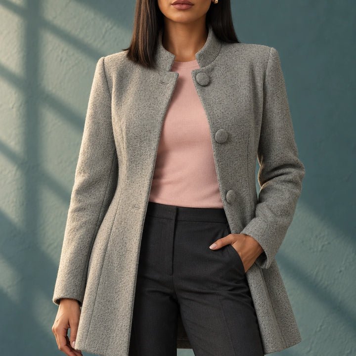 Berenice Stand Collar Button Front A-Line Coat - Gray