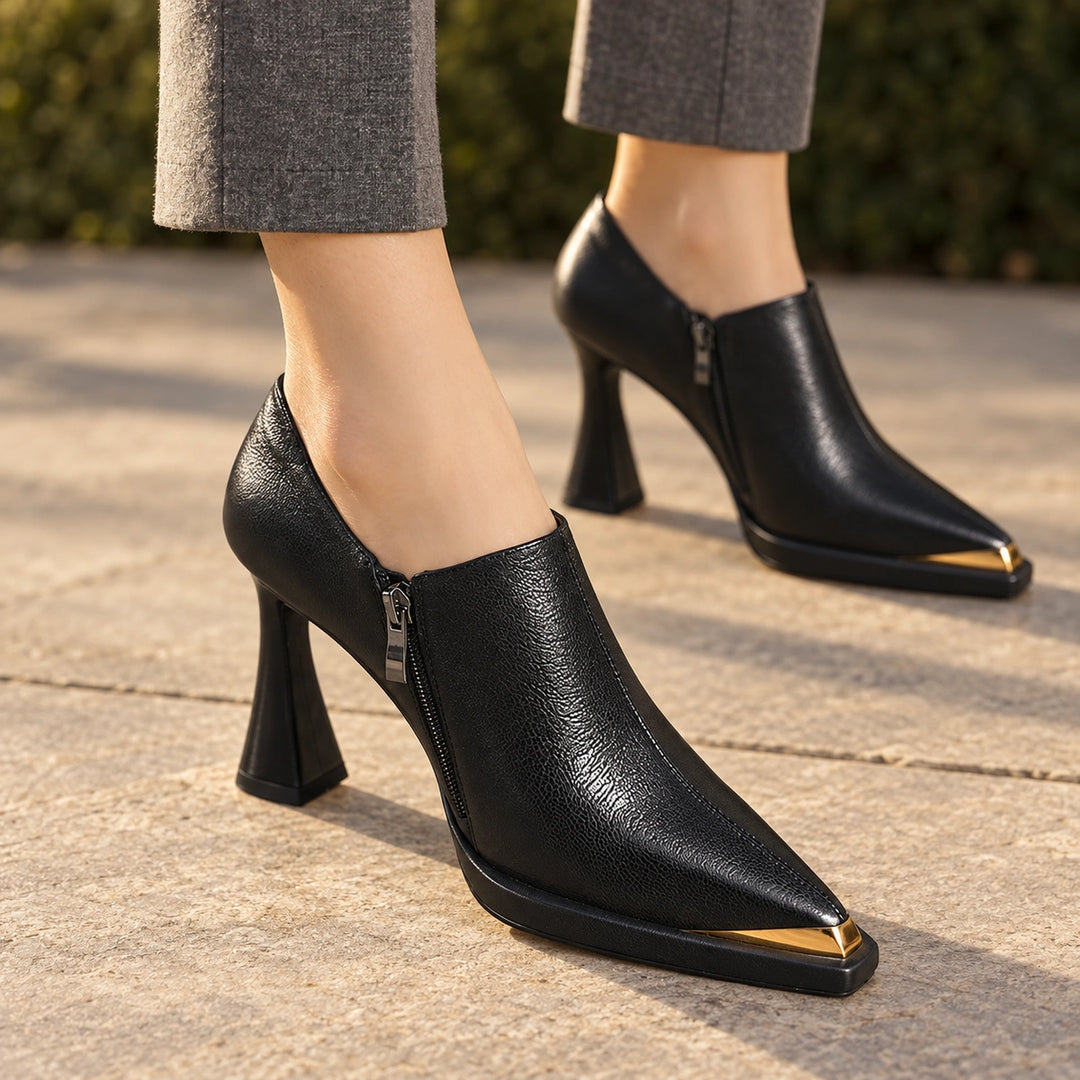 Bernice Leather Metal Toe Ankle Boots - Black