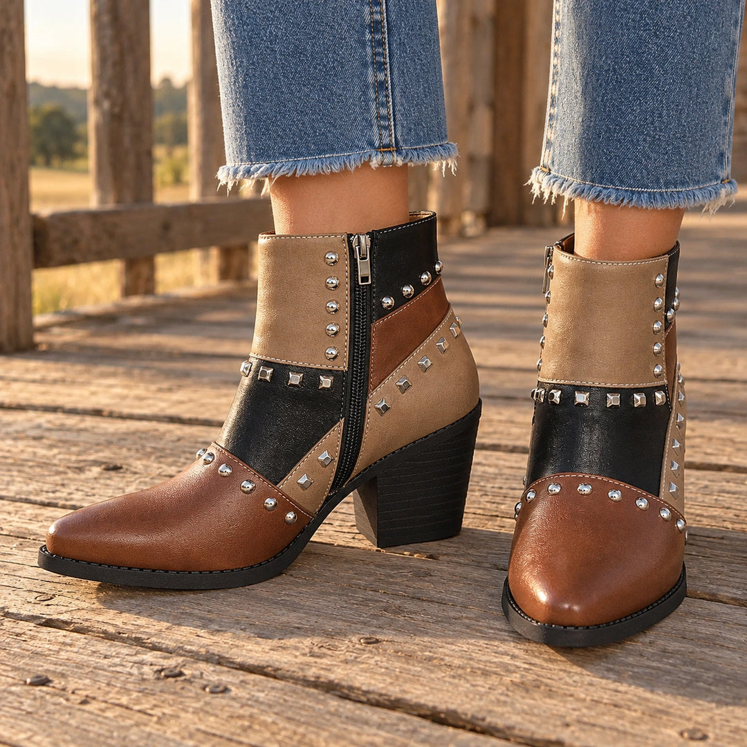 Bertille Studded Western Boots - Brown