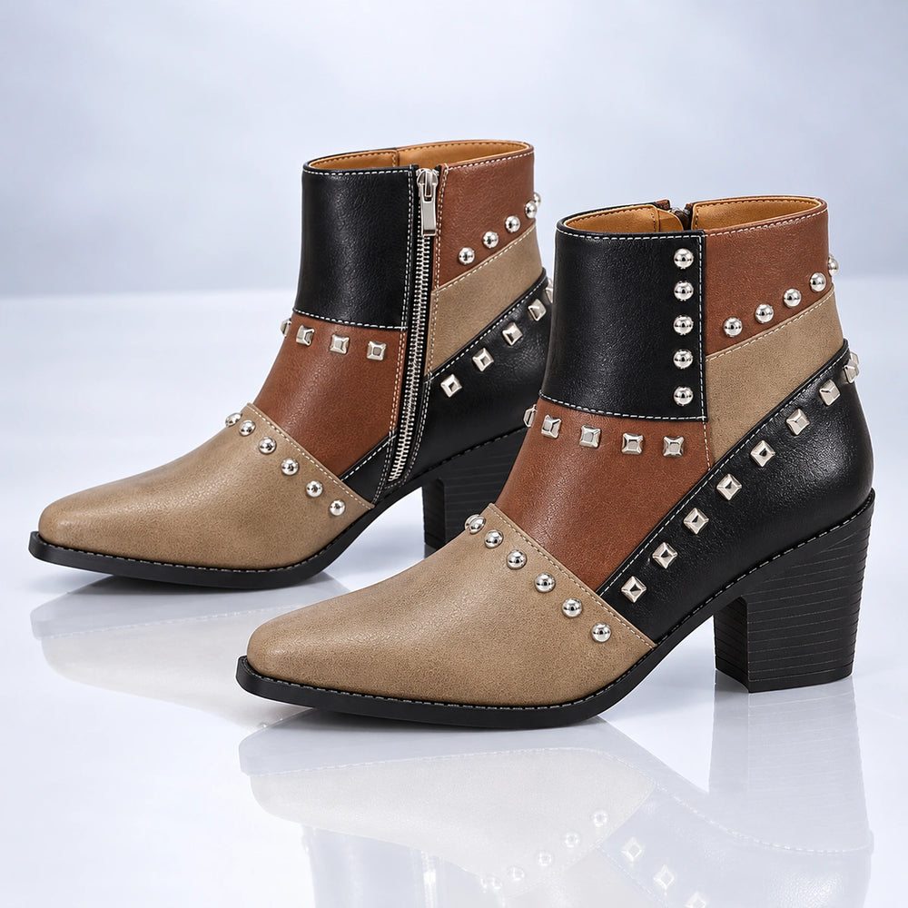 Bertille Studded Western Boots - Khaki