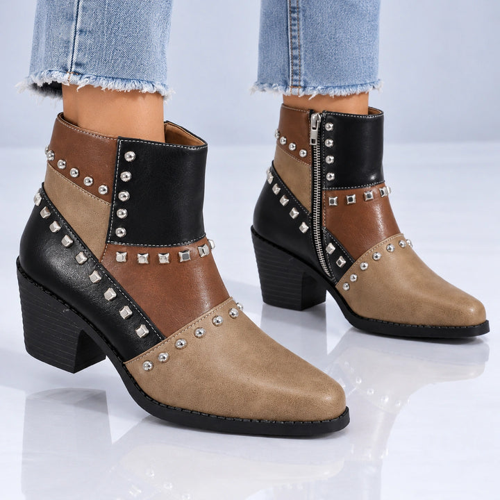 Bertille Studded Western Boots - Khaki