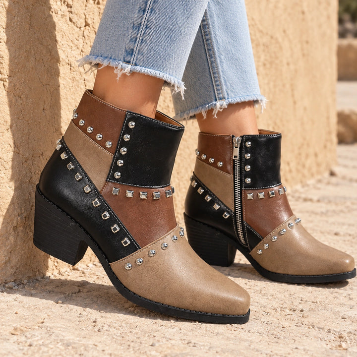 Bertille Studded Western Boots - Khaki