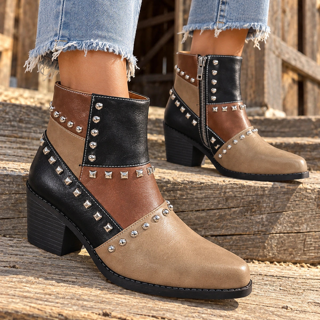 Bertille Studded Western Boots - Khaki