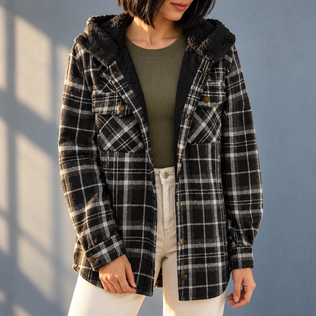 Beverly Brushed Flannel Plaid Sherpa Shacket - Black