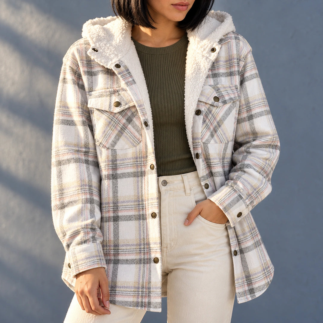 Beverly Brushed Flannel Plaid Sherpa Shacket - Gray